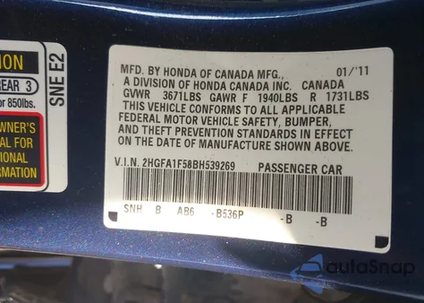 2011 Honda Civic Lx из США, поврежденный, VIN 2HGFA1F58BH539269